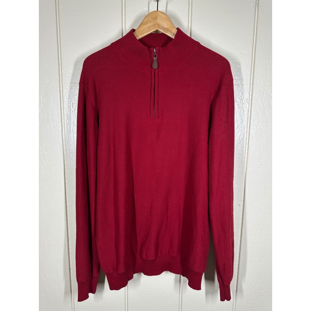 British Khaki Sweater Mens XL Red Quarter Zip Pullover Knit Ribbed Mock Neck